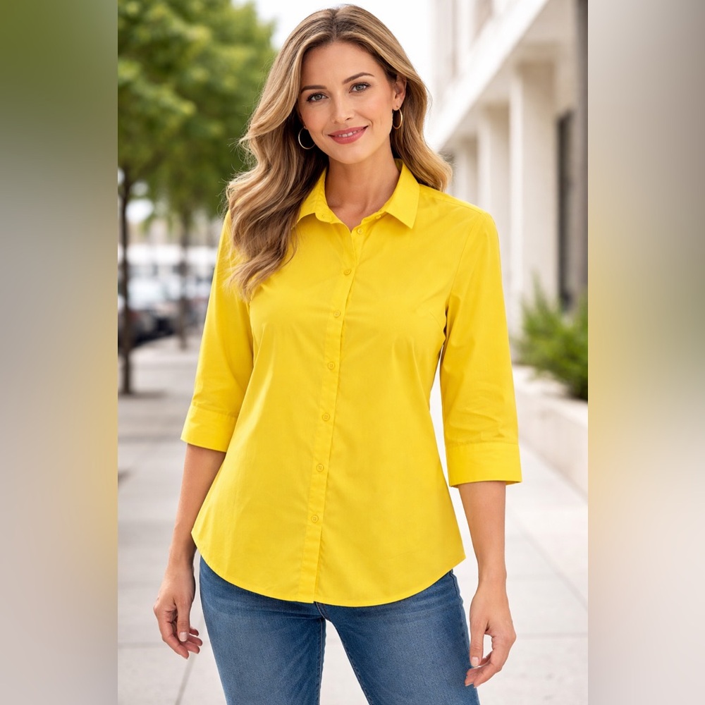 New ROMAN’S Womens 20W Bright Yellow Woven Button-down Blouse
